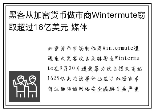 黑客从加密货币做市商Wintermute窃取超过16亿美元 媒体